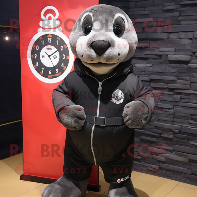 Black Seal mascot costume character dressed with a Parka and Bracelet watches Black Seal mascot costume character dressed with a Parka and Bracelet watches