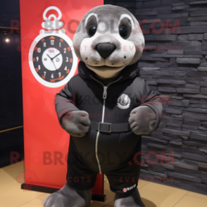 Black Seal mascot costume character dressed with a Parka and Bracelet watches