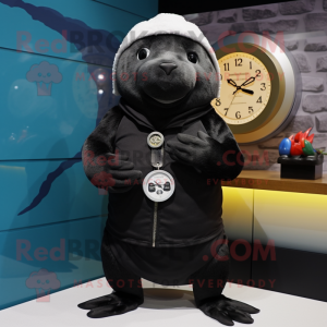 Black Seal mascot costume character dressed with a Parka and Bracelet watches