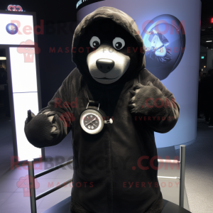 Black Seal mascot costume character dressed with a Parka and Bracelet watches