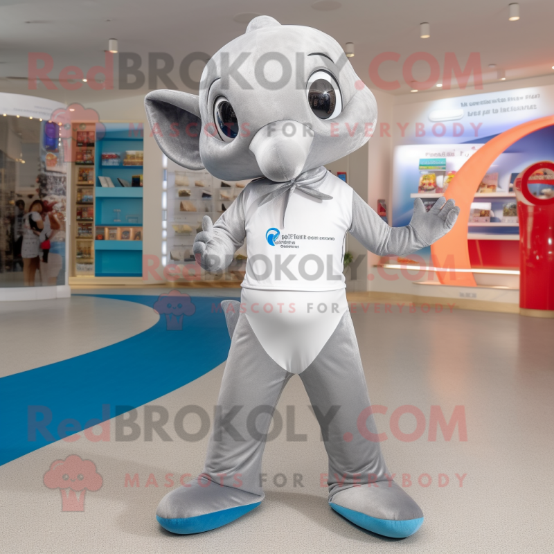 Silver Dolphin mascot costume character dressed with a One-Piece Swimsuit and Anklets Silver Dolphin mascot costume character dressed with a One-Piece Swimsuit and Anklets
