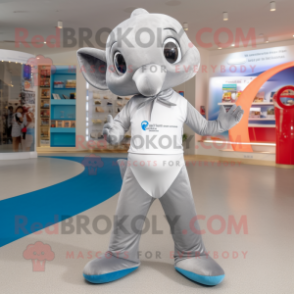 Silver Dolphin mascot costume character dressed with a One-Piece Swimsuit and Anklets