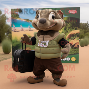 Olive Armadillo mascot costume character dressed with a Polo Tee and Briefcases