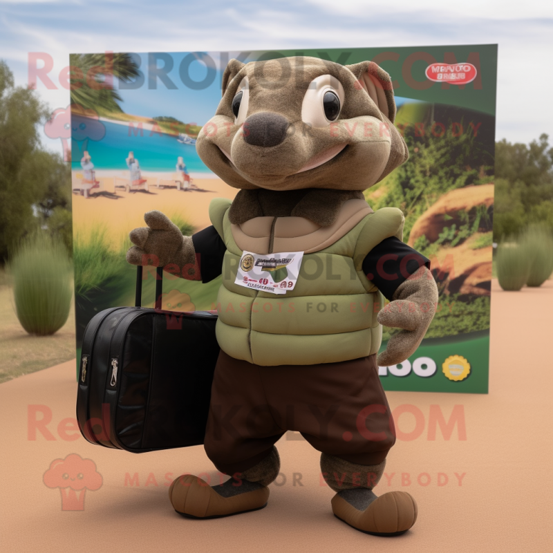 Olive Armadillo mascot costume character dressed with a Polo Tee and Briefcases Olive Armadillo mascot costume character dressed with a Polo Tee and Briefcases