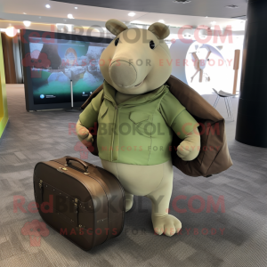 Olive Armadillo mascot costume character dressed with a Polo Tee and Briefcases