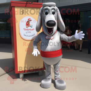 Silver Hot Dogs mascot costume character dressed with a Henley Tee and Lapel pins