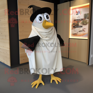 Cream Blackbird mascot costume character dressed with a Wrap Skirt and Pocket squares