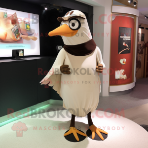 Cream Blackbird mascot costume character dressed with a Wrap Skirt and Pocket squares