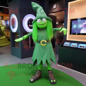 Green Witch mascot costume character dressed with a Leggings and Digital watches