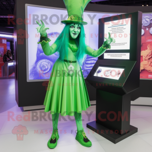 Green Witch mascot costume character dressed with a Leggings and Digital watches