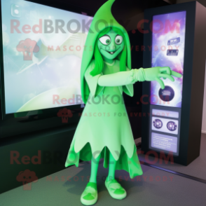 Green Witch mascot costume character dressed with a Leggings and Digital watches