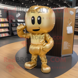 Gold Boxing Glove mascot costume character dressed with a Shorts and Messenger bags