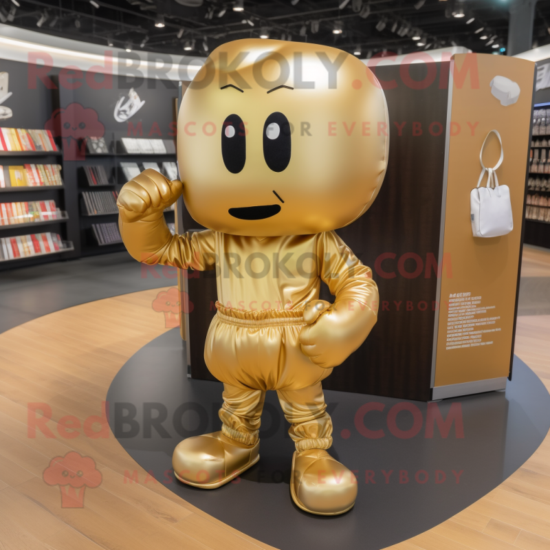 Gold Boxing Glove mascot costume character dressed with a Shorts and Messenger bags