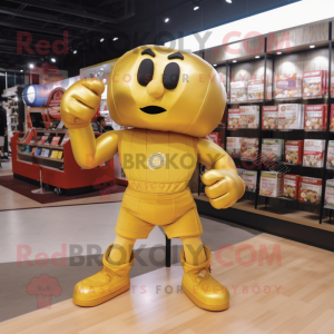 Gold Boxing Glove mascot costume character dressed with a Shorts and Messenger bags