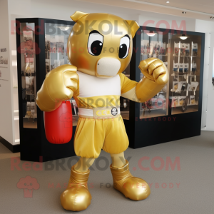 Gold Boxing Glove mascot costume character dressed with a Shorts and Messenger bags