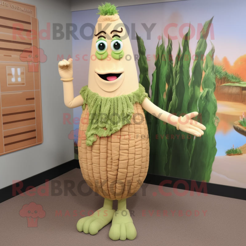 Tan Asparagus mascot costume character dressed with a Dress and Necklaces Tan Asparagus mascot costume character dressed with a Dress and Necklaces