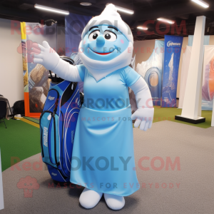 Sky Blue Golf Bag mascot costume character dressed with a Maxi Skirt and Wraps