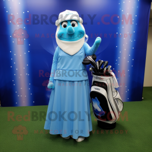 Sky Blue Golf Bag mascot costume character dressed with a Maxi Skirt and Wraps