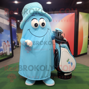 Sky Blue Golf Bag mascot costume character dressed with a Maxi Skirt and Wraps
