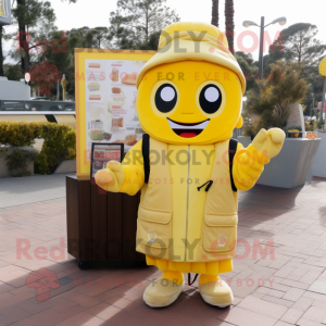 Lemon Yellow Enchiladas mascot costume character dressed with a Parka and Wallets