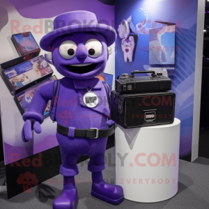 Purple Camera mascot costume character dressed with a Polo Tee and Briefcases