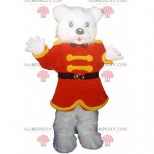 Mascote do urso polar com uma jaqueta vermelha e amarela -