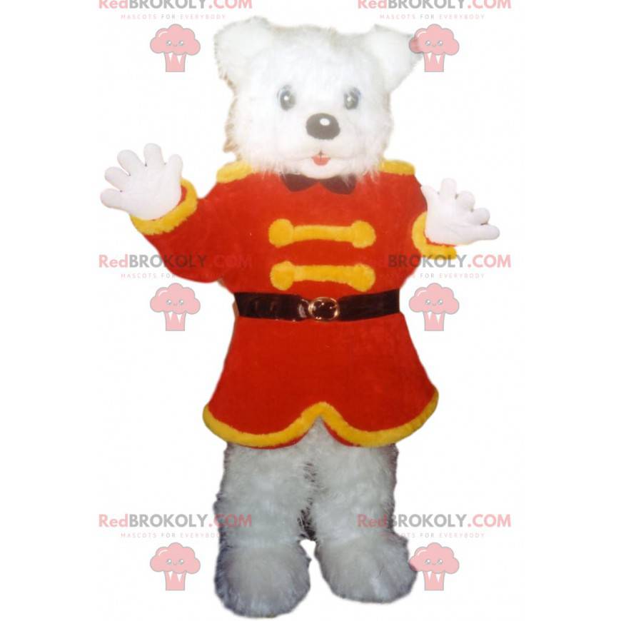 Mascote do urso polar com uma jaqueta vermelha e amarela -
