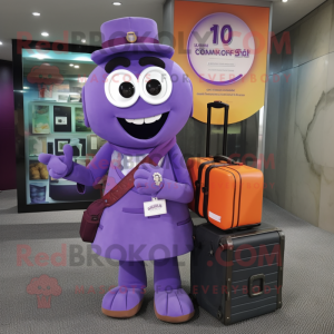 Purple Camera mascot costume character dressed with a Polo Tee and Briefcases