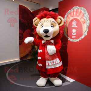 Red Lion mascot costume character dressed with a Dress and Scarves