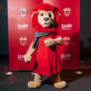 Red Lion mascot costume character dressed with a Dress and Scarves