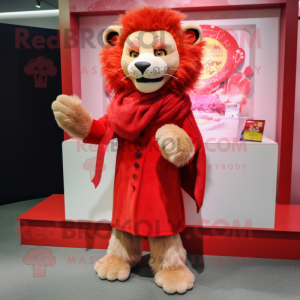 Red Lion mascot costume character dressed with a Dress and Scarves