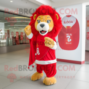 Red Lion mascot costume character dressed with a Dress and Scarves