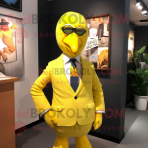 Lemon Yellow Dodo Bird mascot costume character dressed with a Suit and Ties