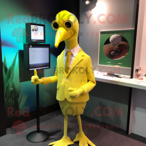 Lemon Yellow Dodo Bird mascot costume character dressed with a Suit and Ties