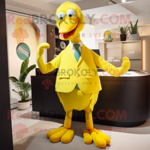 Lemon Yellow Dodo Bird mascot costume character dressed with a Suit and Ties