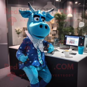 Blue Cow mascot costume character dressed with a Suit and Scarves