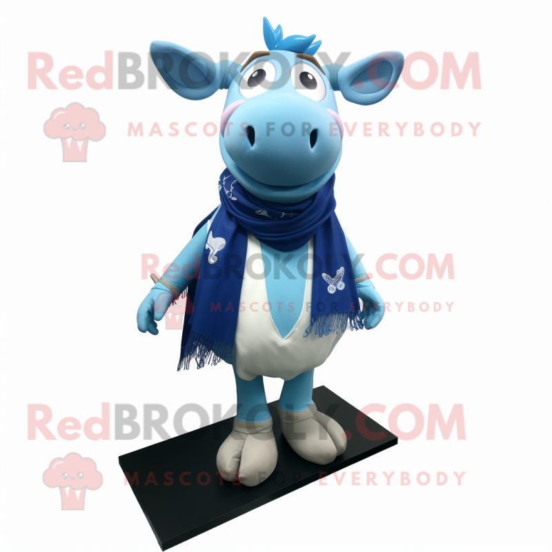 Blue Cow mascot costume character dressed with a Suit and Scarves