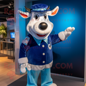 Blue Cow mascot costume character dressed with a Suit and Scarves
