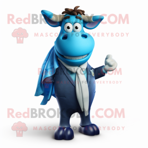 Blue Cow mascot costume character dressed with a Suit and Scarves