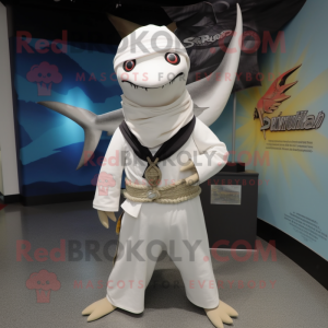 White Swordfish mascot costume character dressed with a V-Neck Tee and Scarf clips