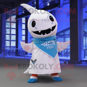White Swordfish mascot costume character dressed with a V-Neck Tee and Scarf clips