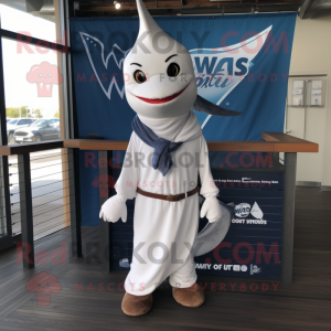 White Swordfish mascot costume character dressed with a V-Neck Tee and Scarf clips