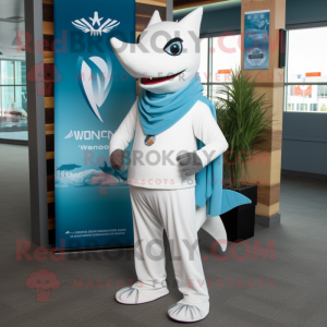 White Swordfish mascot costume character dressed with a V-Neck Tee and Scarf clips