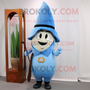 Blue Pear mascot costume character dressed with a Sheath Dress and Hat pins