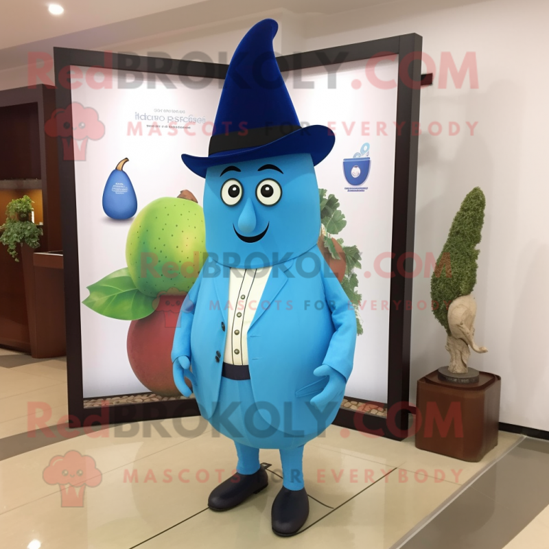 Blue Pear mascot costume character dressed with a Sheath Dress and Hat pins Blue Pear mascot costume character dressed with a Sheath Dress and Hat pins
