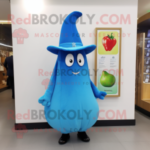 Blue Pear mascot costume character dressed with a Sheath Dress and Hat pins