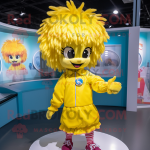 Yellow Bracelet mascot costume character dressed with a Windbreaker and Hair clips
