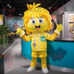 Yellow Bracelet mascot costume character dressed with a Windbreaker and Hair clips