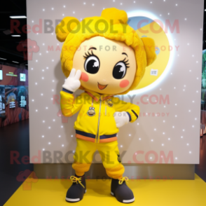 Yellow Bracelet mascot costume character dressed with a Windbreaker and Hair clips