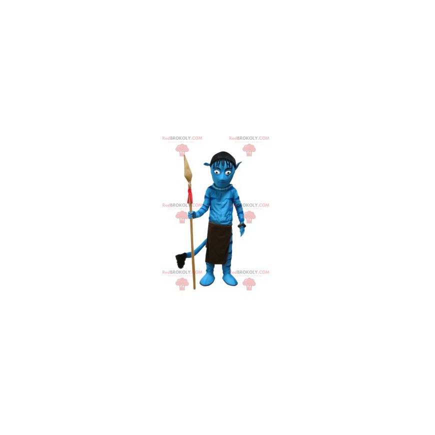 Blaues einheimisches Kriegermaskottchen mit seinem Speer -